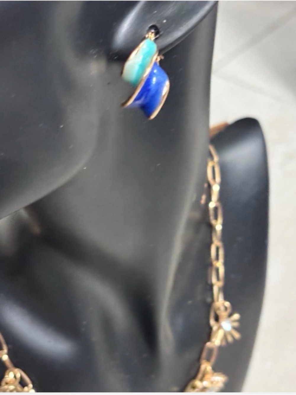 Gold Hoop Earrings with Blue and Teal Enamel Inlay - Picture 2 of 4